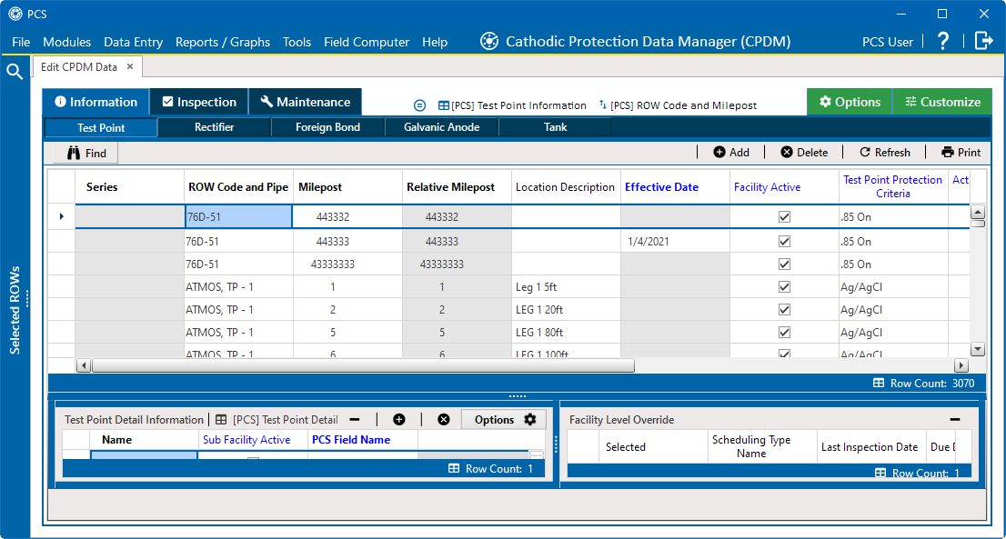 Selected Test Point in Information Grid