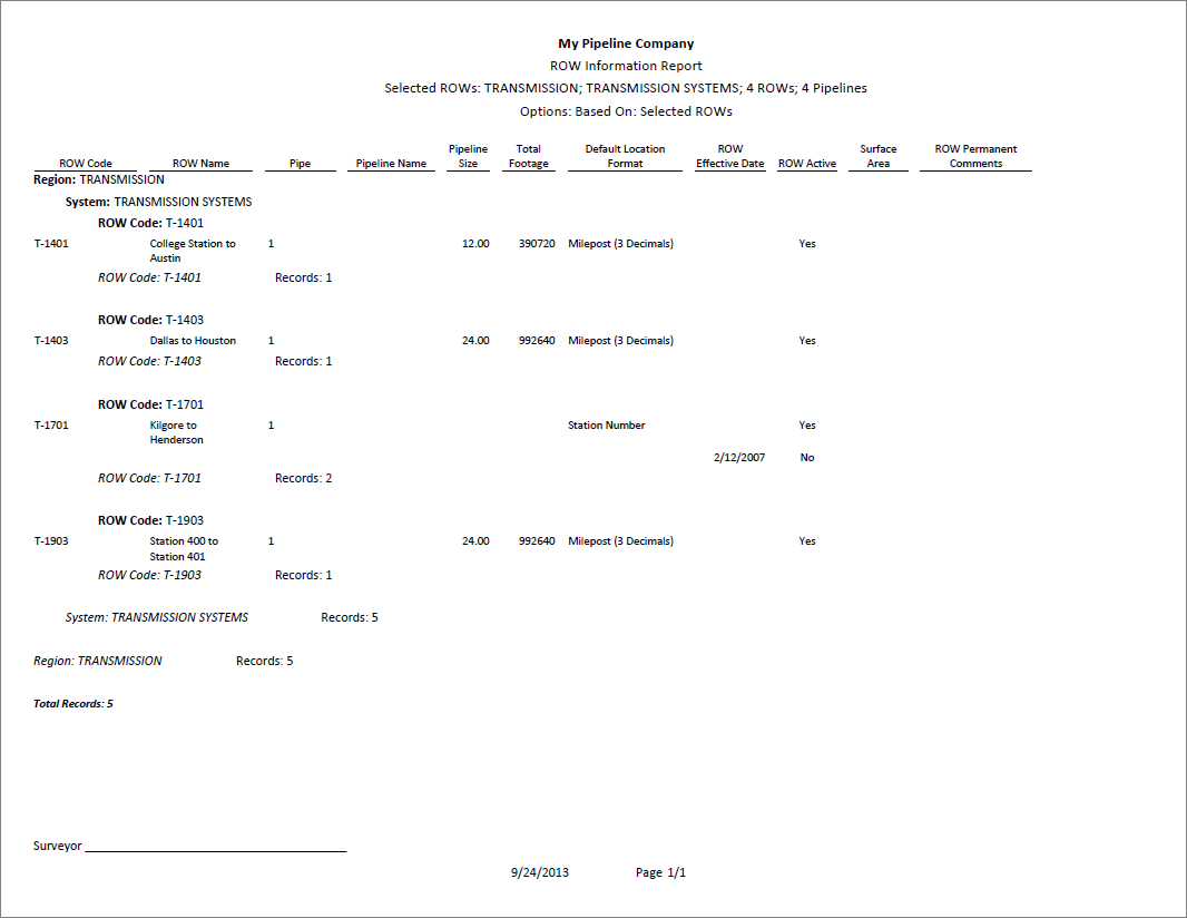 Example of ROW Information Report