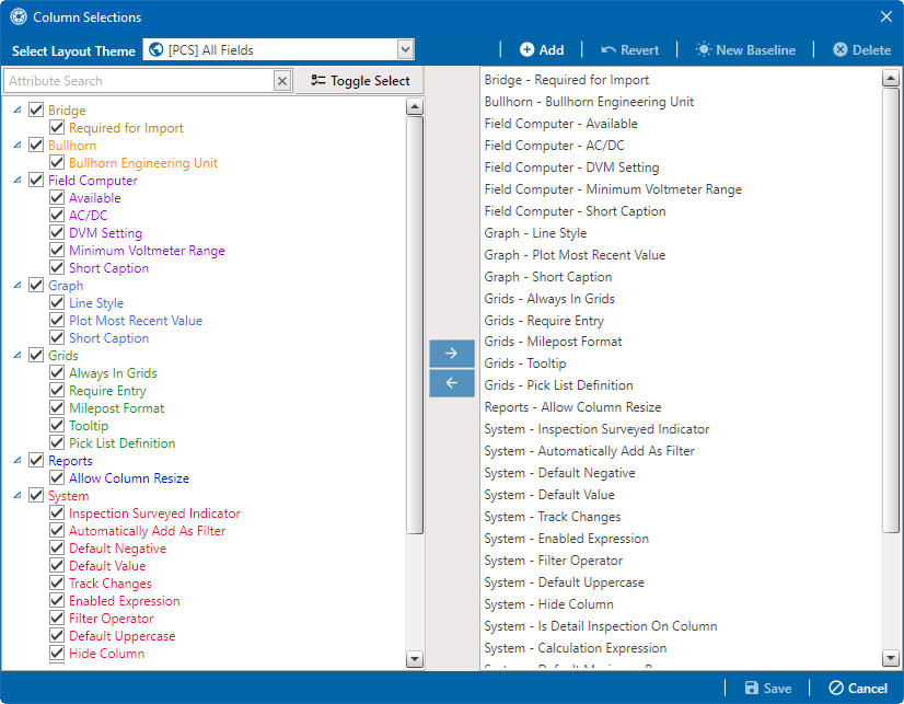 Column Selections Window