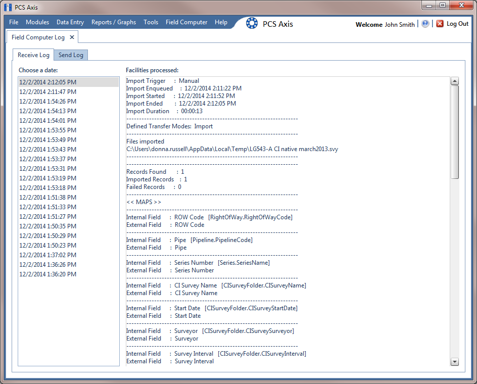 Field Computer Log / Receive Log