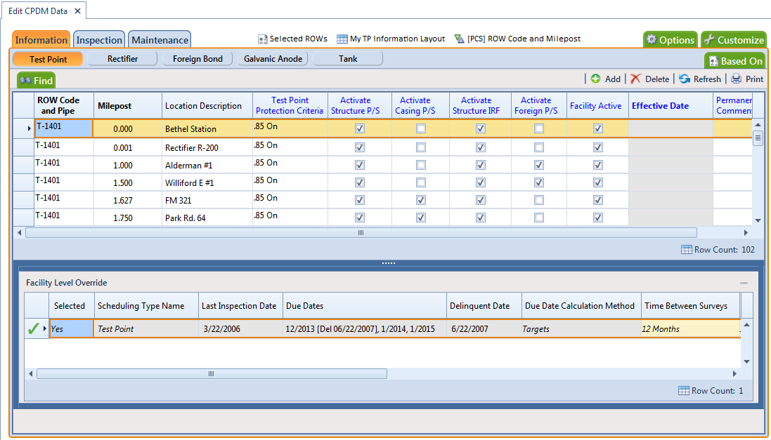 Test Point Information Grid