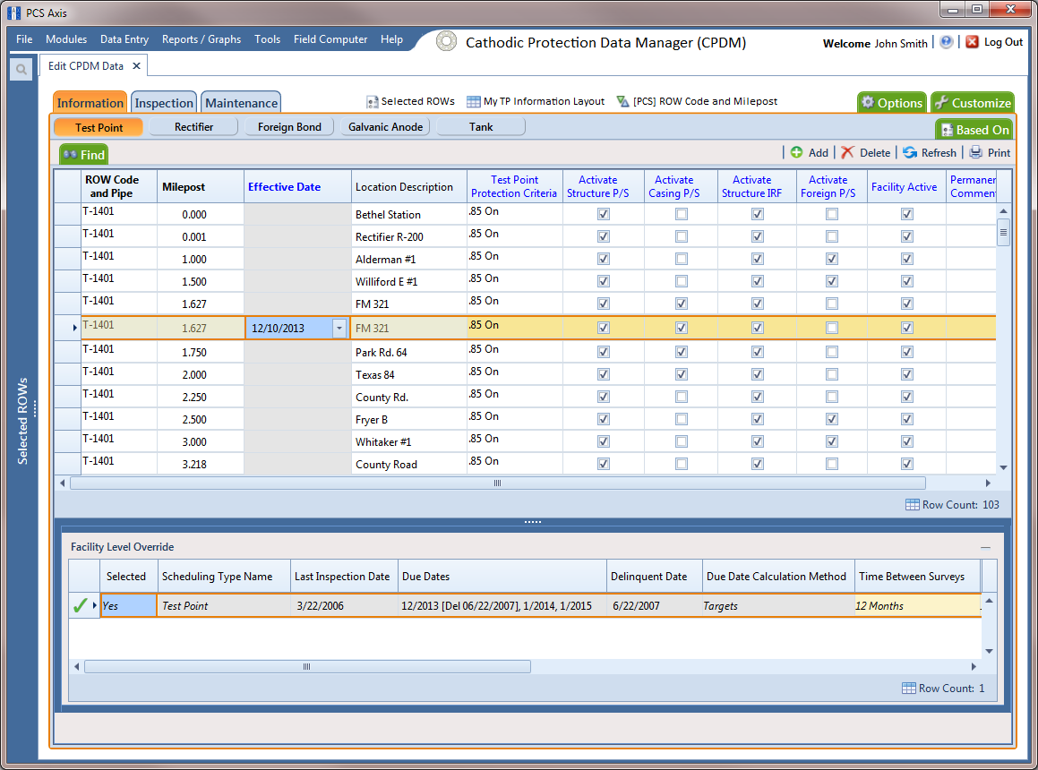 Test Point Information Grid