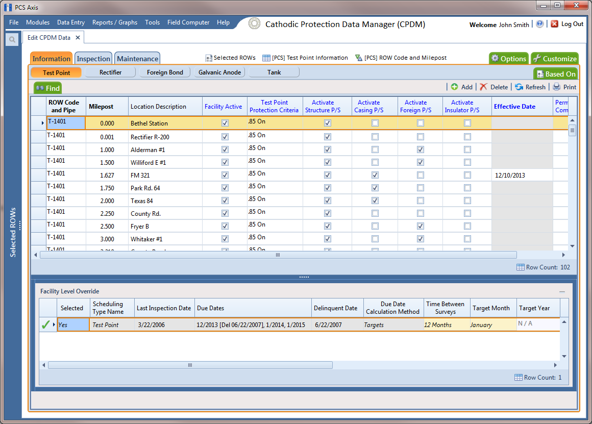 Test Point Information Data Entry Grid