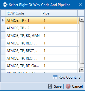 Select Right Of Way Code And Pipeline