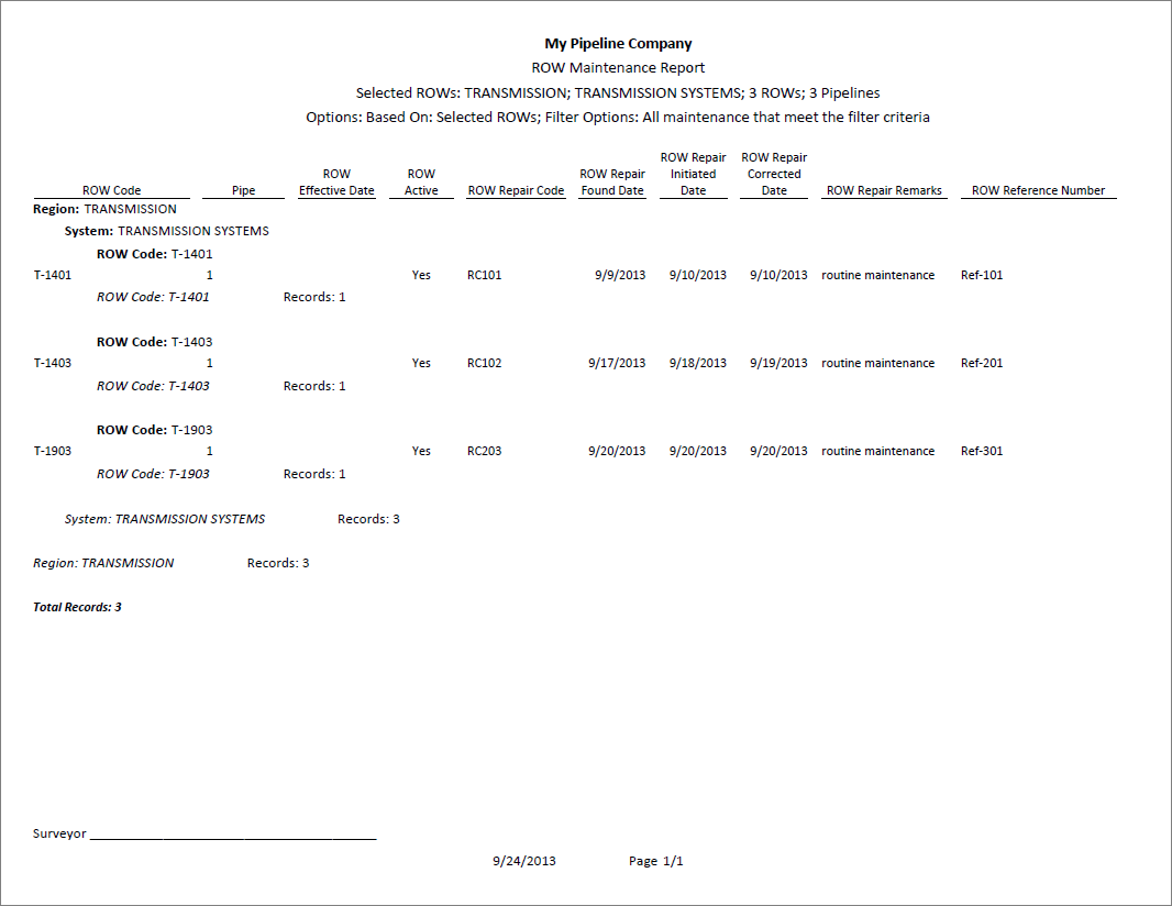 Example of ROW Maintenance Report