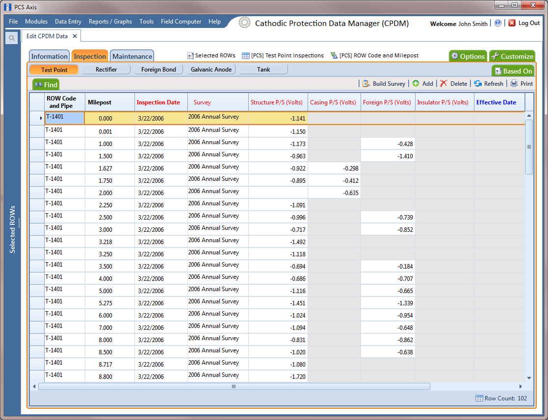 Test Point Inspection Data Entry Grid