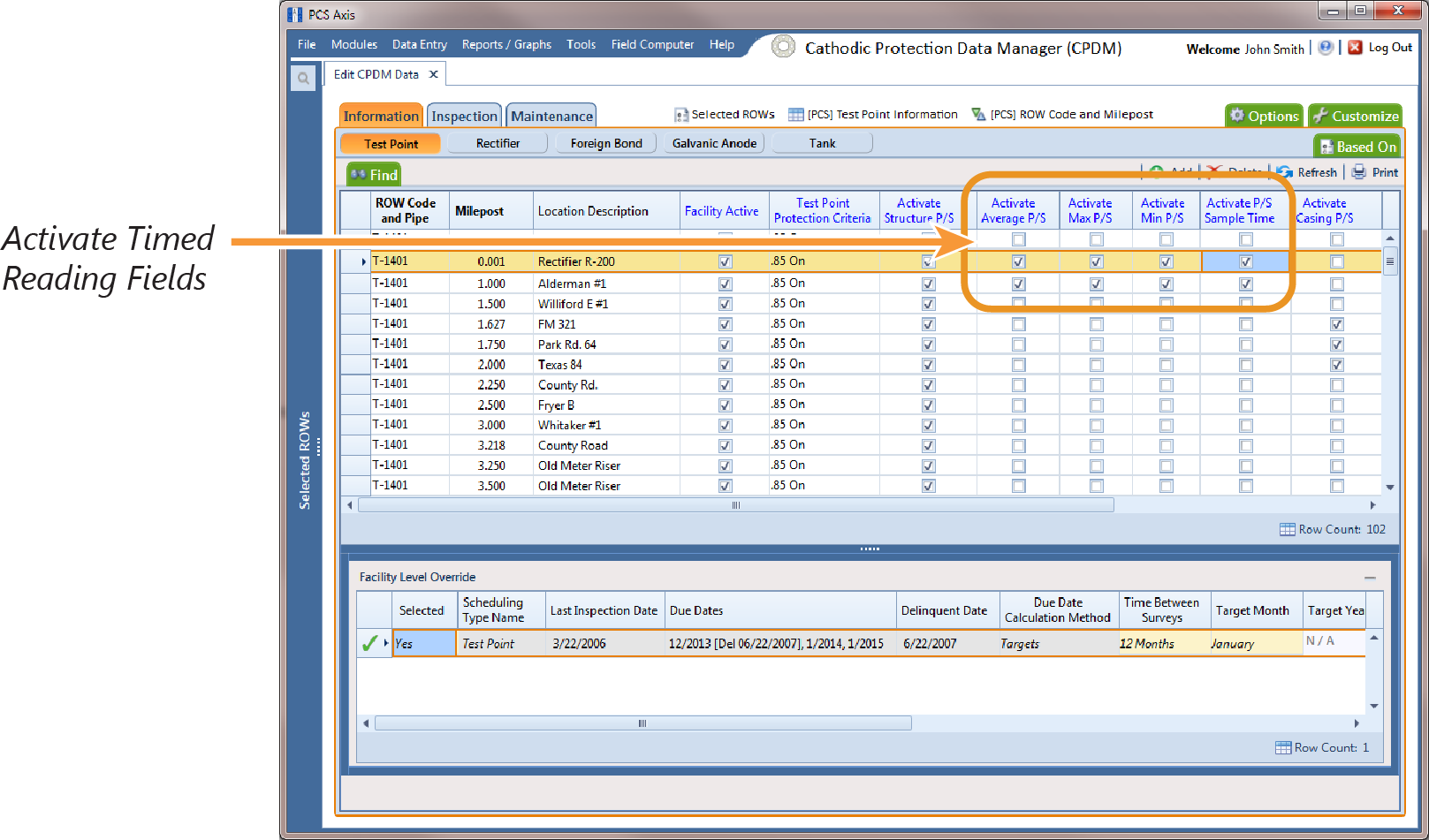 Test Point Information Data Entry Grid