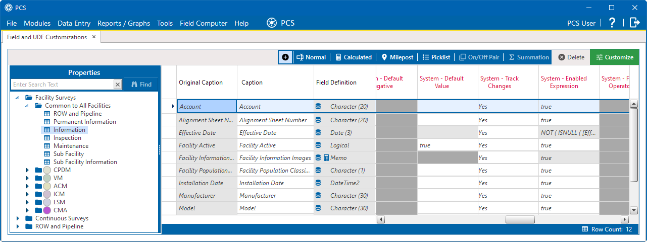 Field and UDF Customization Window