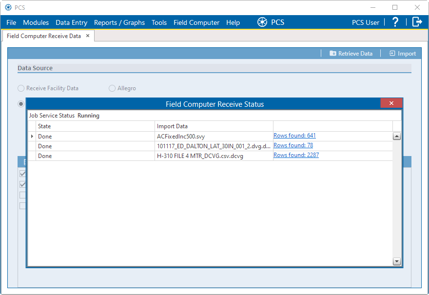 Field Computer Receive Status Window