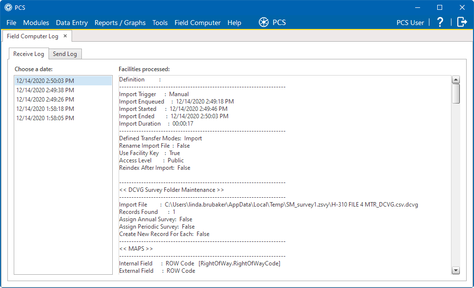 Field Computer Log / Receive Log