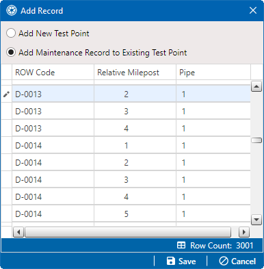 Add Record - Selected Pipeline for Maintenance Record