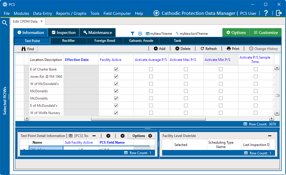 Test Point Information Data Entry Grid with Timed Reading Fields