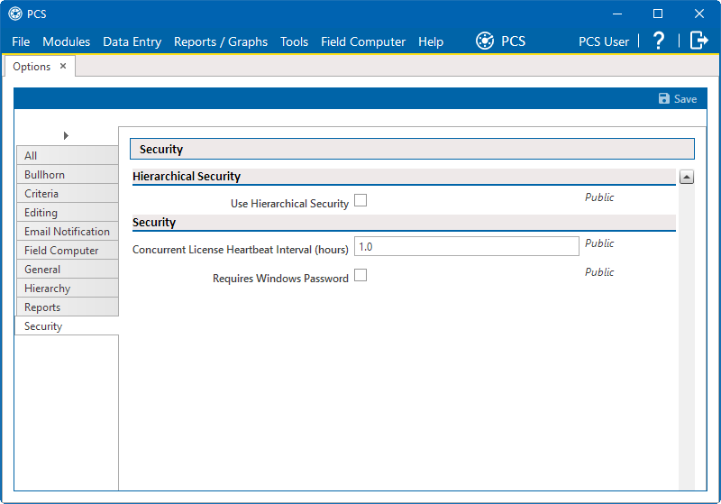 Options - Security Pane