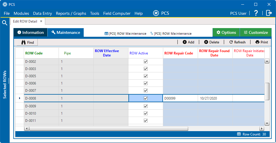 ROW Detail Maintenance Grid - New Record