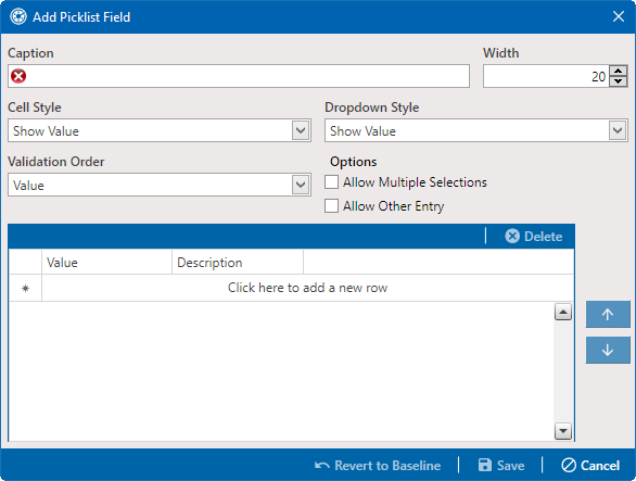 Add Picklist Field Window