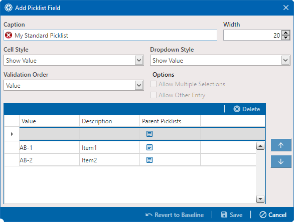 Add Picklist Field - List of Items and Reorder Buttons