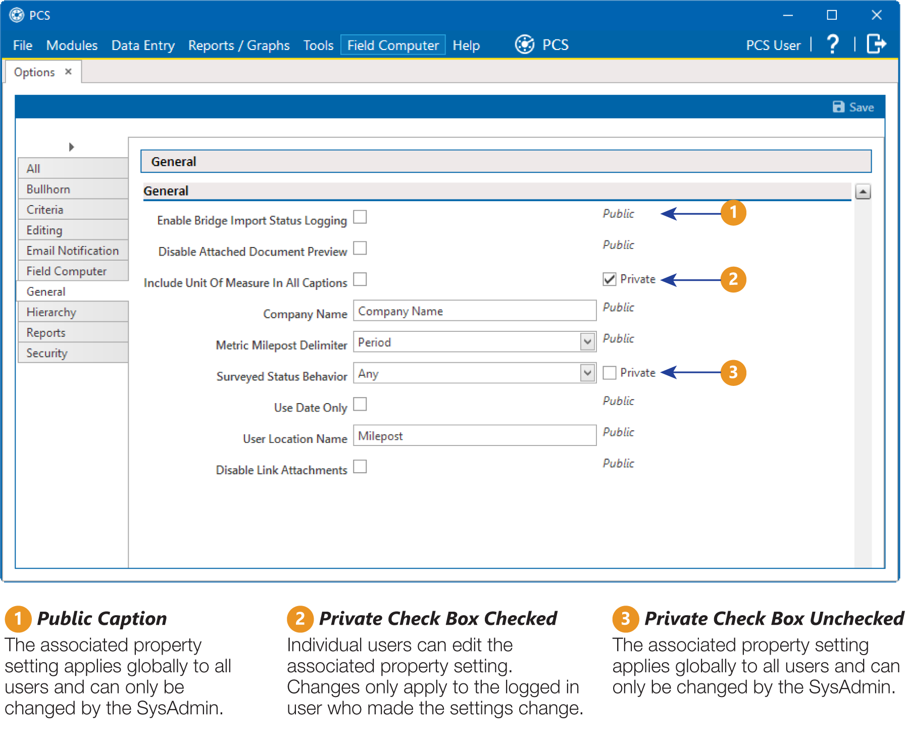 Options Public and Private Property Settings 