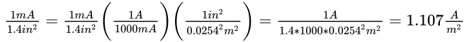 conversion formula from milliamps per 1.4 square inch to amps per square meter