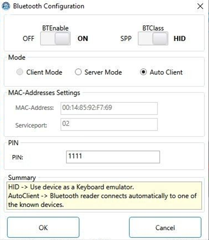 Bluetooth Configuration Window