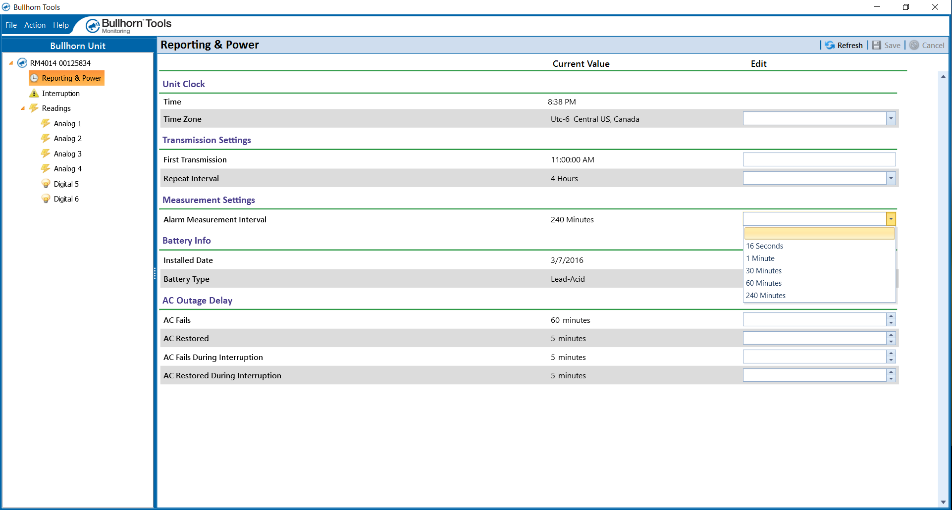 Reporting & Power Settings - Alarm Measurement Interval