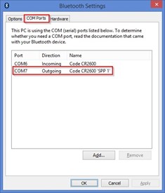 Bluetooth Settings COM Ports Tab