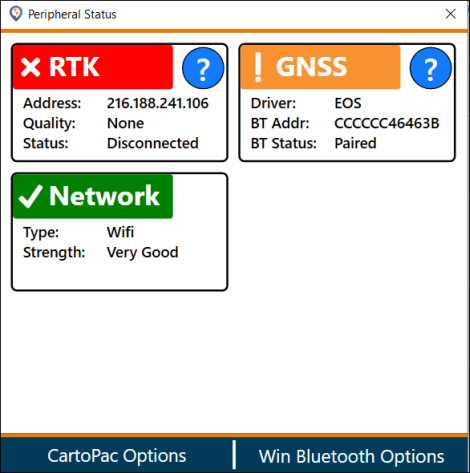 Peripheral Status Screen with RTK, GNSS, and Network
