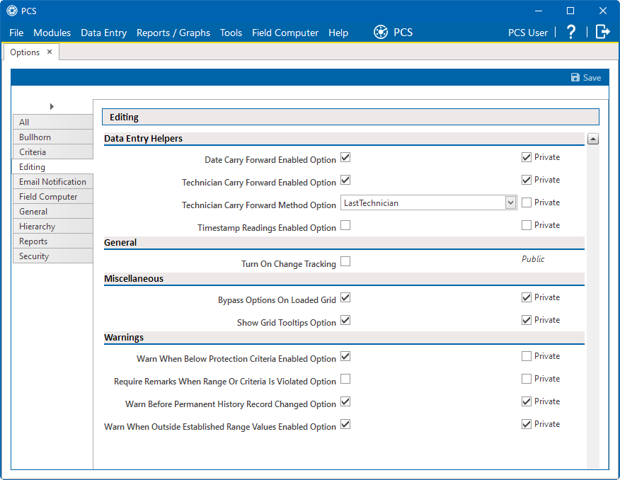 Options - Editing Pane