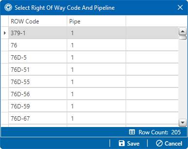 Select Right Of Way Code And Pipeline