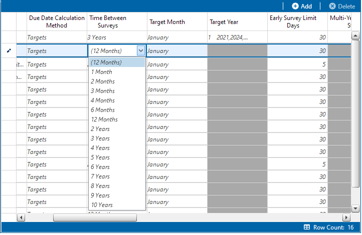 Time Between Surveys Drop-down List