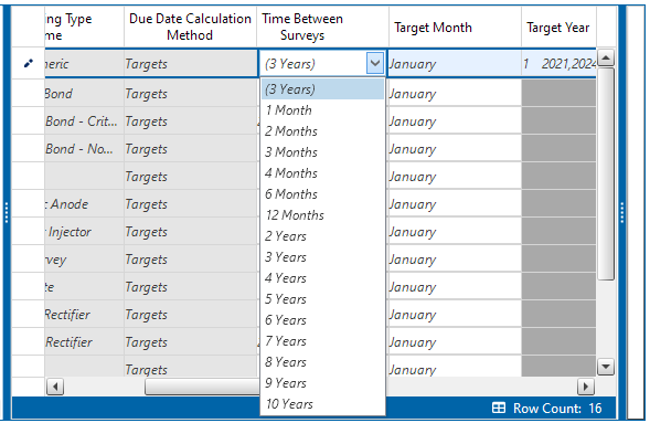 Time Between Surveys Unit Drop-down List